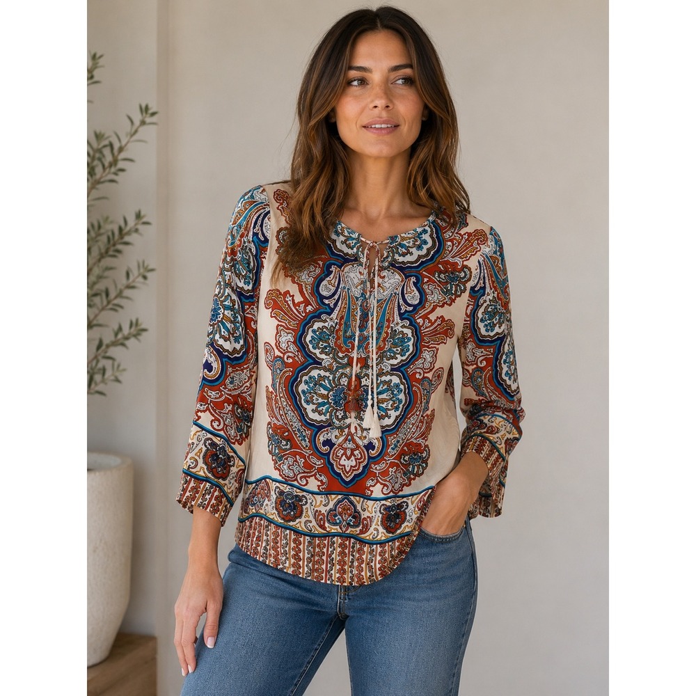 Lucy & Laurel Womens M Paisley Boho Blouse Tunic Border Print Tassel Tie Top